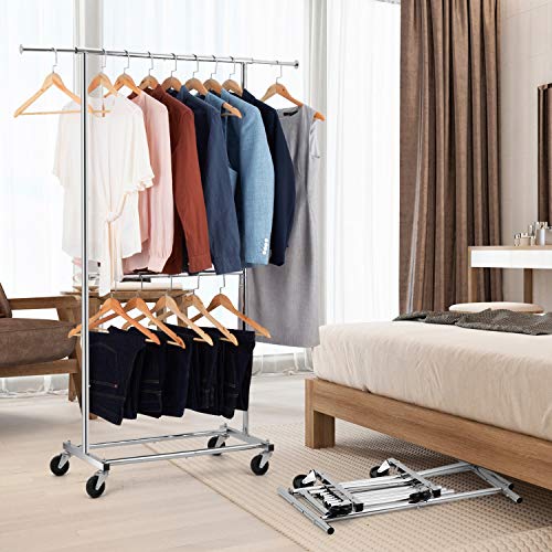 Auledio Expandable Double Rod Clothing Garment Racks On Wheels, Heavy Duty Hanging Clothes Organizer Stand Adjustable Rolling Rack, Chrome