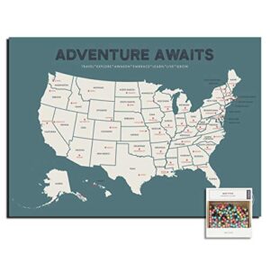 epic adventure maps the united states push pin map 24" x 17" - unframed travel map to mark your travels around the usa - multicolored pushpins included
