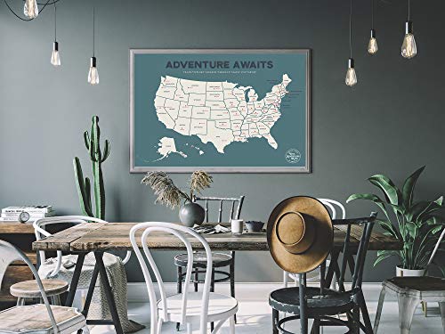 Epic Adventure Maps The United States Push Pin Map 24" x 17" - Unframed Travel Map to Mark Your Travels Around The USA - Multicolored Pushpins Included