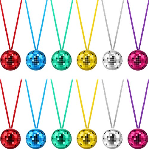 Hicarer 12 Pieces Assorted Color Disco Ball Necklaces 70s Disco Party Necklaces for Halloween Party Favors,Home Decorations, Stage Props, School Festivals and Halloween Costume Accessories