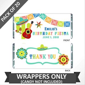 Fiesta Personalized Candy Bar Wrappers for Chocolate, Birthday Party Favors, Hershey Bar Labels, Pack of 20