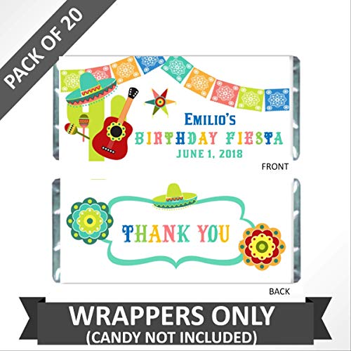 Fiesta Personalized Candy Bar Wrappers for Chocolate, Birthday Party Favors, Hershey Bar Labels, Pack of 20