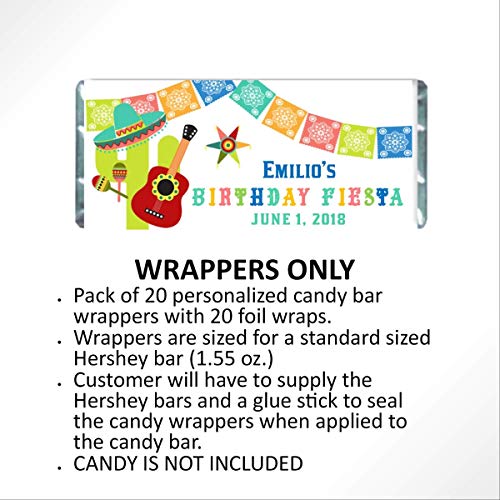 Fiesta Personalized Candy Bar Wrappers for Chocolate, Birthday Party Favors, Hershey Bar Labels, Pack of 20