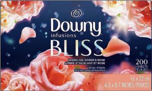 downy infusions dryer sheets, laundry fabric softener, bliss, sparkling amber & rose, 200 count.
