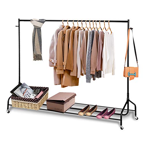 Metal Rolling Clothing Rack on Wheels, Heavy-Duty Garment Rack Free Standing Single Rail Clothing Rack with Top Rod Bag Hook & Bottom Shelf for Bedroom Dressing Room Store, Capacity 220lbs, Black