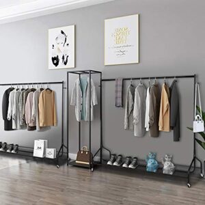 Metal Rolling Clothing Rack on Wheels, Heavy-Duty Garment Rack Free Standing Single Rail Clothing Rack with Top Rod Bag Hook & Bottom Shelf for Bedroom Dressing Room Store, Capacity 220lbs, Black