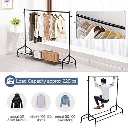 Metal Rolling Clothing Rack on Wheels, Heavy-Duty Garment Rack Free Standing Single Rail Clothing Rack with Top Rod Bag Hook & Bottom Shelf for Bedroom Dressing Room Store, Capacity 220lbs, Black