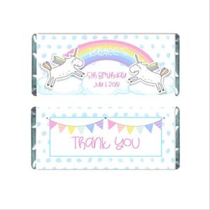 pastel rainbow unicorn birthday personalized candy bar wrappers for chocolate party favor, hershey bar labels, pack of 20