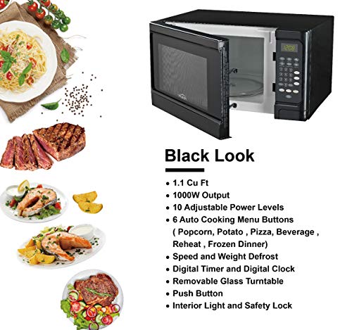 Walsh WSCMS311BK-10 Countertop Microwave Oven, 6 Cooking Programs LED Lighting Push Button, 1.1 Cu.Ft/1000W, Black