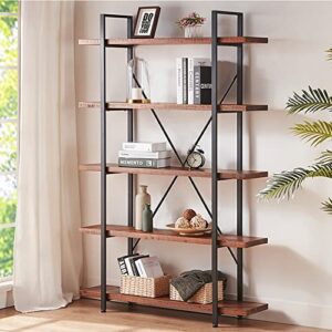 hsh natural real wood bookcase, 5 tier industrial rustic vintage etagere bookshelf, open metal farmhouse solid wooden book shelf, distressed brown