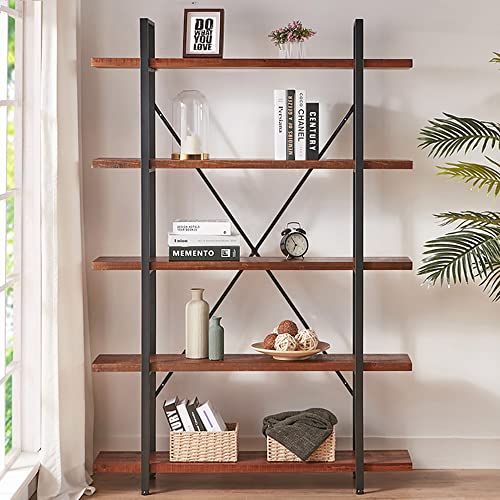 HSH Natural Real Wood Bookcase, 5 Tier Industrial Rustic Vintage Etagere Bookshelf, Open Metal Farmhouse Solid Wooden Book Shelf, Distressed Brown