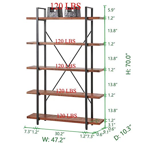 HSH Natural Real Wood Bookcase, 5 Tier Industrial Rustic Vintage Etagere Bookshelf, Open Metal Farmhouse Solid Wooden Book Shelf, Distressed Brown