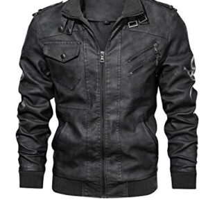 HOOD CREW Men’s Casual Stand Collar PU Faux Leather Zip-Up Motorcycle Bomber Jacket With a Removable Hood