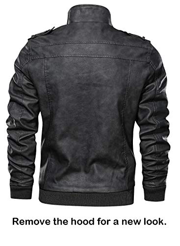 HOOD CREW Men’s Casual Stand Collar PU Faux Leather Zip-Up Motorcycle Bomber Jacket With a Removable Hood