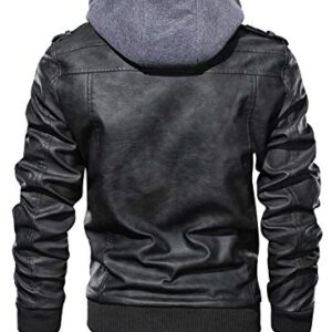 HOOD CREW Men’s Casual Stand Collar PU Faux Leather Zip-Up Motorcycle Bomber Jacket With a Removable Hood