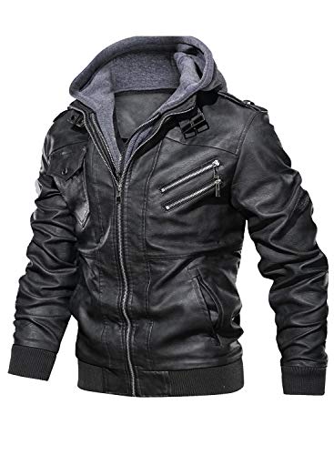 HOOD CREW Men’s Casual Stand Collar PU Faux Leather Zip-Up Motorcycle Bomber Jacket With a Removable Hood