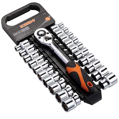 Kendo 21pcs 1/2’’ Drive Ratchet Socket Wrench Set – Professional 72 Tooth Reversible Quick Release Wrench with 20 CrV Sockets - 10 SAE + 10 Metric - with Storage Rack