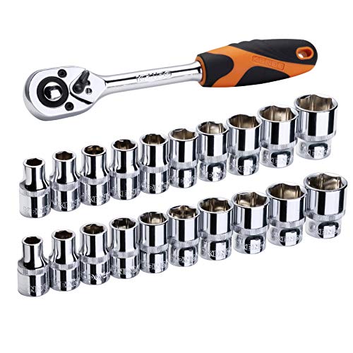 Kendo 21pcs 1/2’’ Drive Ratchet Socket Wrench Set – Professional 72 Tooth Reversible Quick Release Wrench with 20 CrV Sockets - 10 SAE + 10 Metric - with Storage Rack