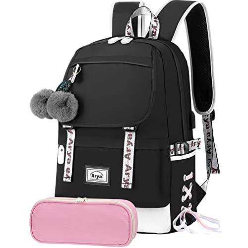 Arya Backpacks for Girls Teenage School Bags Kids Bookbag Teen Girls Backpack Elementary Middle Back Pack Children 8 9 10 11 12 13 14 15 Years Old (Black)