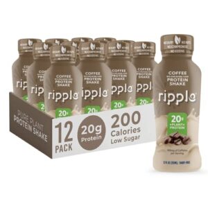 ripple vegan protein shake | coffee flavor | 100mg of caffeine | 20g nutritious plant based pea protein | shelf stable | free of gmos, soy, nut, gluten, lactose | 12 oz, pack of 12