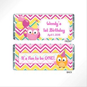 owl birthday party favors, personalized candy wrappers for chocolate, pack of 20 custom hershey bar labels