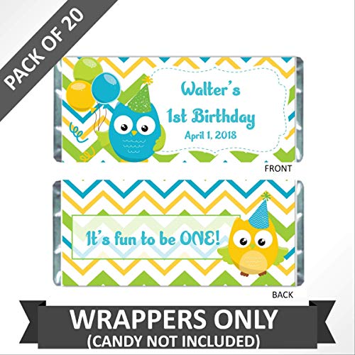 Owl Birthday Party Favors, Personalized Candy Wrappers for Chocolate, Pack of 20 Custom Hershey Bar Labels