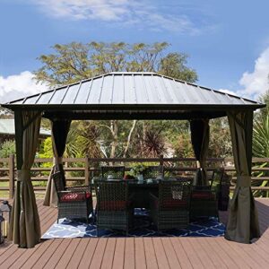 Kozyard Rosana Hardtop Aluminum Permanent Gazebo with 2-Layer Sidewalls (10ftx12ft Brown)