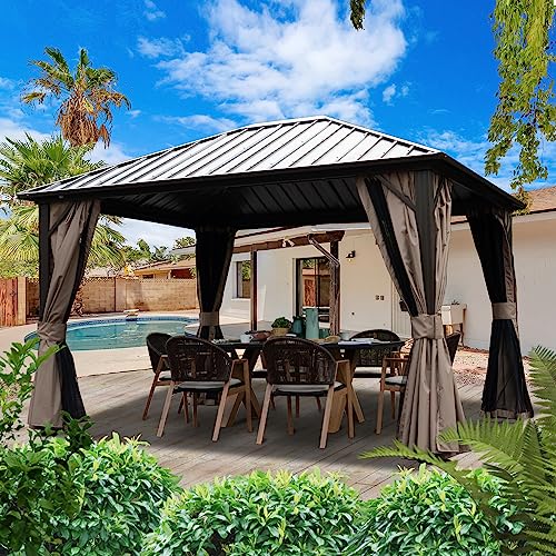 Kozyard Rosana Hardtop Aluminum Permanent Gazebo with 2-Layer Sidewalls (10ftx12ft Brown)