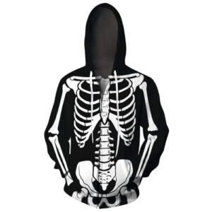 uideazone men's halloween costume skeleton skull 3d graphic printing zip up hooded sweatshirt jacket coat for winter casual party