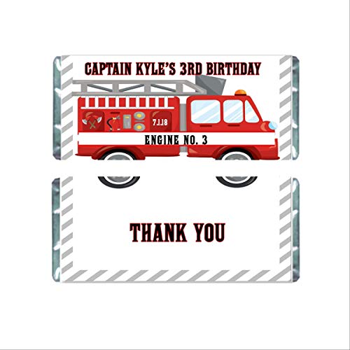 Firetruck Candy Bar Labels, Personalized Party Favors for Kids, Firefighter Birthday, Pack of 20 Hershey Chocolate Bar Wrappers