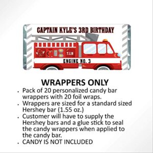 Firetruck Candy Bar Labels, Personalized Party Favors for Kids, Firefighter Birthday, Pack of 20 Hershey Chocolate Bar Wrappers