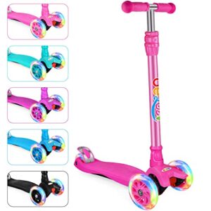beleev scooters for kids 3 wheel kick scooter for toddlers girls boys, 4 adjustable height, lean to steer, light up wheels, extra-wide deck, easy to assemble for children ages 3-12 (rose pink)