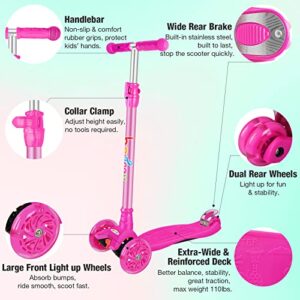 BELEEV Scooters for Kids 3 Wheel Kick Scooter for Toddlers Girls Boys, 4 Adjustable Height, Lean to Steer, Light up Wheels, Extra-Wide Deck, Easy to Assemble for Children Ages 3-12 (Rose Pink)