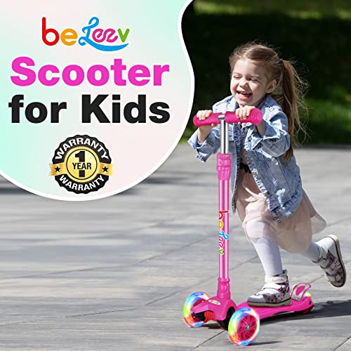 BELEEV Scooters for Kids 3 Wheel Kick Scooter for Toddlers Girls Boys, 4 Adjustable Height, Lean to Steer, Light up Wheels, Extra-Wide Deck, Easy to Assemble for Children Ages 3-12 (Rose Pink)