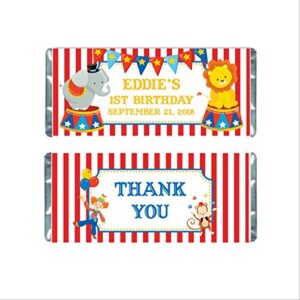circus personalized candy wrappers for chocolate, kids birthday party favors, pack of 20 custom hershey bar labels