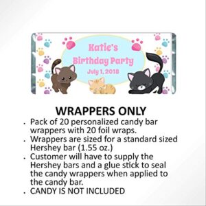 Cat Party Favors for Kids Birthday, Personalized Candy Wrappers for Chocolate, Pack of 20 Custom Hershey Bar Labels