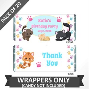 Cat Party Favors for Kids Birthday, Personalized Candy Wrappers for Chocolate, Pack of 20 Custom Hershey Bar Labels