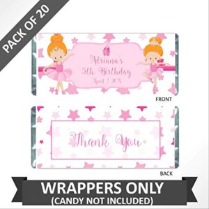 Ballet Personalized Candy Bar Wrappers for Girls Birthday Party Favors, Ballerina Wrappers for Hershey Bar Pack of 20