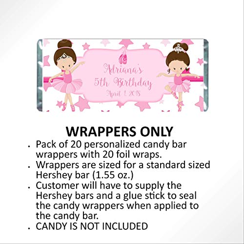 Ballet Personalized Candy Bar Wrappers for Girls Birthday Party Favors, Ballerina Wrappers for Hershey Bar Pack of 20