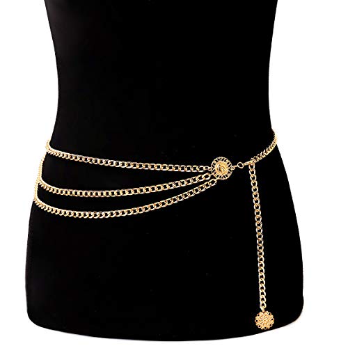 Glamorstar Multilayer Metal Waist Chain Dress Belts Metal Belt for Women Gold 130CM/51.2IN