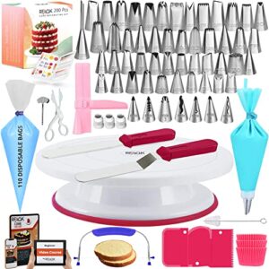 gift for women-cake decorating supplies kit for beginners rfaqk 200pcs -cake turntable with 48 numbered piping &7 korean tips(pattern chart included)-straight & offset spatula-leveler &baking tools