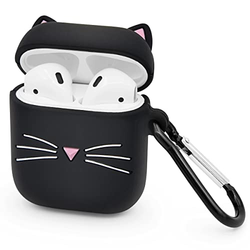 Megantree Cute Airpods Case, Airpods 2 Case, Black Whisker Cat Kitty Funny Kawaii 3D Cartoon Animals Full Protection Shockproof Soft Silicone Charging Case Cover with Keychain for Girl Women Kids