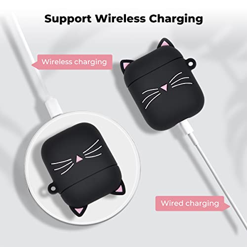 Megantree Cute Airpods Case, Airpods 2 Case, Black Whisker Cat Kitty Funny Kawaii 3D Cartoon Animals Full Protection Shockproof Soft Silicone Charging Case Cover with Keychain for Girl Women Kids