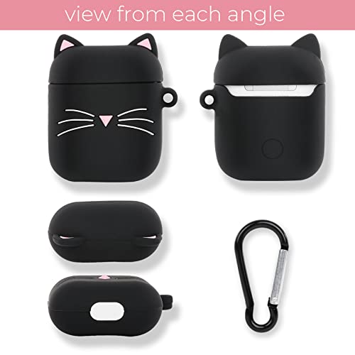 Megantree Cute Airpods Case, Airpods 2 Case, Black Whisker Cat Kitty Funny Kawaii 3D Cartoon Animals Full Protection Shockproof Soft Silicone Charging Case Cover with Keychain for Girl Women Kids