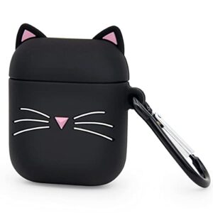 Megantree Cute Airpods Case, Airpods 2 Case, Black Whisker Cat Kitty Funny Kawaii 3D Cartoon Animals Full Protection Shockproof Soft Silicone Charging Case Cover with Keychain for Girl Women Kids