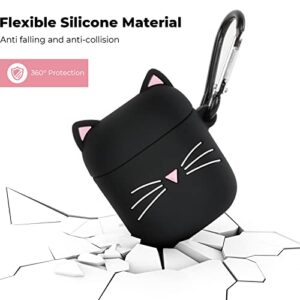 Megantree Cute Airpods Case, Airpods 2 Case, Black Whisker Cat Kitty Funny Kawaii 3D Cartoon Animals Full Protection Shockproof Soft Silicone Charging Case Cover with Keychain for Girl Women Kids