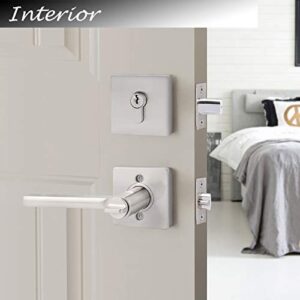 Probrico (4 Set) Entry Door Lever Lockset Handle with Double Cylinder Deadbolt, Combo Pack Keyed Alike Front Door Combination Set,Satin Nickel Finish Square Locking Security Lever Handleset