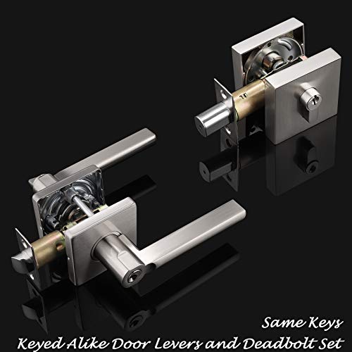 Probrico (4 Set) Entry Door Lever Lockset Handle with Double Cylinder Deadbolt, Combo Pack Keyed Alike Front Door Combination Set,Satin Nickel Finish Square Locking Security Lever Handleset