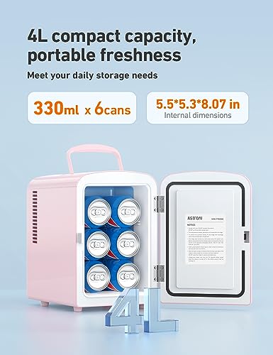 AstroAI Mini Fridge, 4 Liter/6 Can AC/DC Portable Thermoelectric Cooler and Warmer Refrigerators for Mother's Day Gift, Skincare, Beverage, Food, Home, Office and Car, ETL Listed (Pink)