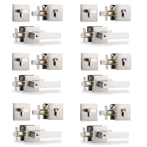 Knobonly 6 Sets Entry Door Handles with Single Cylinder Deadbolt for Exterior Front Doors, Satin Nickel Finish Keyed Alike Leversets, Come with Same Keys, Contractor Pack of 6